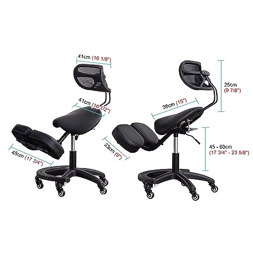 TUJOBA Modern Ergonomic Saddle Seat Kneeling Chair with Backrest, 360 Degrees Swivel Mobile Angled Posture Stool for Office, Black Leather TUJOBA