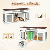 Livofloral 71”Double Dog Crate Furniture for 2 Dogs, Heavy Duty Dogs Kennel Furniture with Removable Divider & Drawers, End Table Dog Crate with Sliding Barn Doors, Extra Large TV Stand, White Brown Livofloral