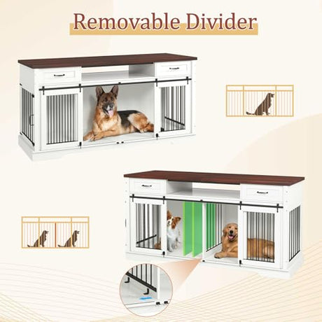 Livofloral 71”Double Dog Crate Furniture for 2 Dogs, Heavy Duty Dogs Kennel Furniture with Removable Divider & Drawers, End Table Dog Crate with Sliding Barn Doors, Extra Large TV Stand, White Brown Livofloral
