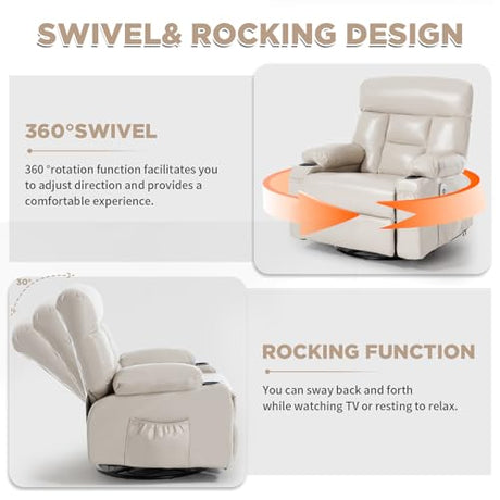 Comermax Rocking Recliner with Heat and Massage, Wide Seat Heated Massaging Reclining Chair for Home Theater, Faux Leather Manual Swivel Rocker Recliner Chair with Cup Holder for Adult, Beige Comermax