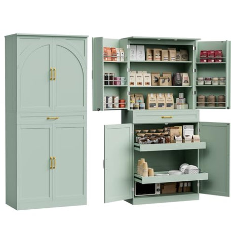 HQZX 71’’ Tall Kitchen Pantry Cabinet, Pantry Storage Cabinet with 6 Doors Shelves, Large Drawer & 2 Pull Out Shelves, Freestanding Cupboard for Kitchen, Dining Room, Green HQZX
