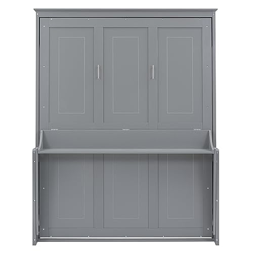 FAVSH Queen Size Murphy Bed with Shelf, Modern Solid Pine Wood Wall Bed, Space-Saving Hidden Bed,Fold-The-Way Bed for Bedroom,No Box Spring Needed,Grey FAVSH