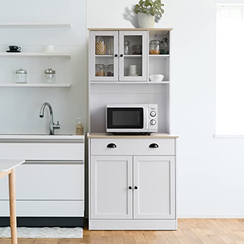 MUPATER 72'' Kitchen Pantry Cabinet Storage Hutch with Microwave Stand, Freestanding Pantry Buffet Cabinet with Adjustable Shelves, Cupboard and Drawer for Home, White MUPATER