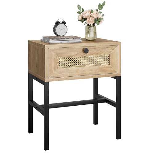 GAOMON Nightstand with Rattan Drawer, Rattan End Table with Metal Frame, Bed Side Table with Open Storage, for Bedroom, Living Room, Dormitory - - WoodArtSupply