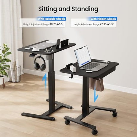 Monomi Mobile Standing Desk with Drawer, 28" Rolling Desk with Cup Holder and Hooks, Portable Laptop Cart on Wheels, Height Adjustable Workstation with Storage for Home Office, Black Monomi