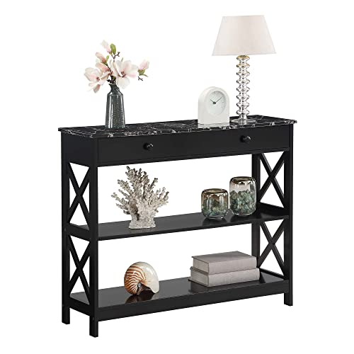 Convenience Concepts Oxford 1 Drawer Console Table with Shelves, Black Faux Marble/Black Convenience Concepts