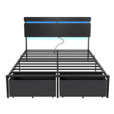 Forestell Full Size Bed Frame with Wood Headboard, Black Platform Bed with 2 Storage Drawers & Shelf, Built in Charging Station & LED Lights, Metal Support, No Box Spring Needed, Camas Full Forestell