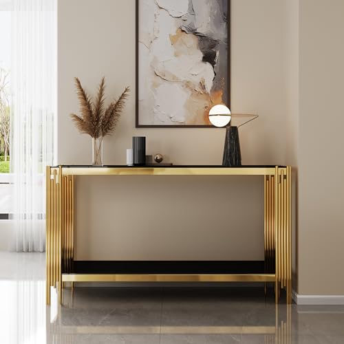 Maotifeys Modern 2-Tier Glass Console Table Luxury Black Tempered Glass Top Sofa Table with Shiny Gold Legs 55" Slim Entryway Hall Tables with Storage Shelf for Living Room Bedroom Maotifeys