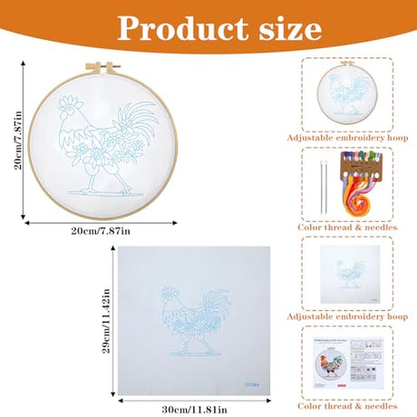 Shimmeroo Funny Animal Embroidery Kits for Beginners, Hand Embroidery Kit for Adults, Rooster Flower Pattern Cross Stitch DIY Needlepoint Kit with Hoops & Fabric Shimmeroo