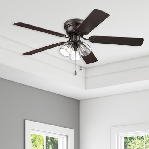 Portage Bay Ceiling Fans 52" Renton Bronze Indoor Fan with Clear 3 Light LED Multi Arm; E26/B11 Bulb and Pull-Chains, Traditional Style, 5 Reversible Barnwood/Dark Chestnut Blades, 51439 Portage Bay