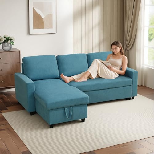 Yafylly L-Shaped Sleeper Sofa with Chaise Lounge & Storage, Pull-Out Couch Bed with Recliner, Full Size Futon for Living Room, Office, Apartment Teal Yafylly