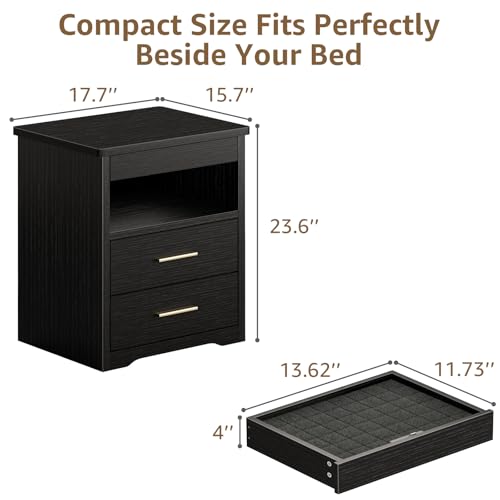 Black Nightstand with Gun Drawer for Bedroom Modern 3 Drawer Night Stand Gun Safe for Handgun Bed Side Table with Storage Hidden Compartment Locking Drawer IGERI