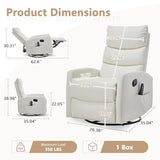 cinkehome Swivel Rocker Recliner Chair, Upholstered Nursery Glider Recliner Chair with Heated Massage, High Back, Side Pocket (White PU Leather)