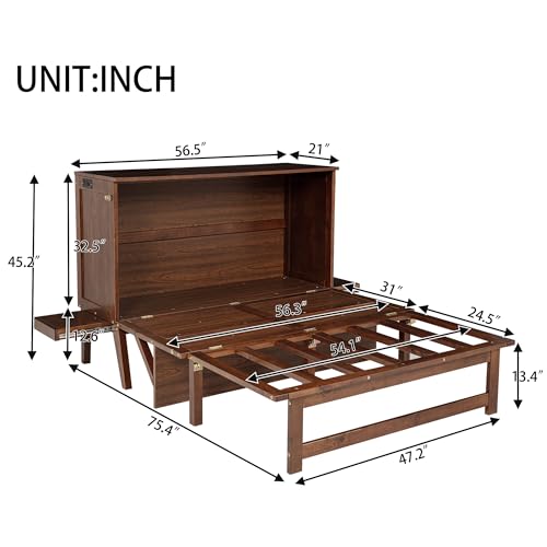 Ball & Cast Queen Size Murphy Bed W/Desk,Horizontal Hidden Wall Bed W/Gas Struts,Space-Saving Murphy Bed Cabinet for Home Office,Apartment,Guest Room,Walnut Ball & Cast