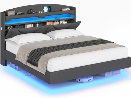 ADORNEVE Full Size Floating Bed Frame with RGB LED Lights and Charging Station, Upholstered Platform Bed Frame with Storage Shelf Headboard, Solid Wood Slats, Noise Free, Easy Assembly, Dark Grey ADORNEVE