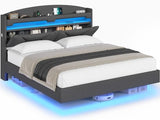 ADORNEVE Full Size Floating Bed Frame with RGB LED Lights and Charging Station, Upholstered Platform Bed Frame with Storage Shelf Headboard, Solid Wood Slats, Noise Free, Easy Assembly, Dark Grey ADORNEVE