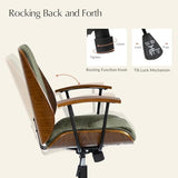 HULALA HOME Solid Wood Office Chair with Rocking Function, Comfy Fabric Desk Chair with Bent Wood and Metal Base, Height Adjustable Swivel Computer Task Chair, Green HULALA HOME