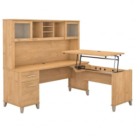 Bush Home Somerset 72W 3 Position Sit to Stand L Shaped Desk with Hutch in Maple Cross | Adjustable Height Table for Office Bush Home