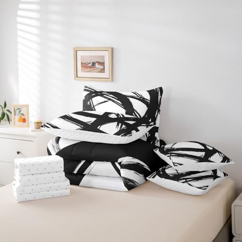 7Pcs Black and White Abstarct Bed in A Bag Full for Adult Women Men, Geometric Striped Comforter Set for Minimalists,Graffiti Aesthetic Lines Bedding Set,Contemporary Boho Modern Bed Sheets Erosebridal