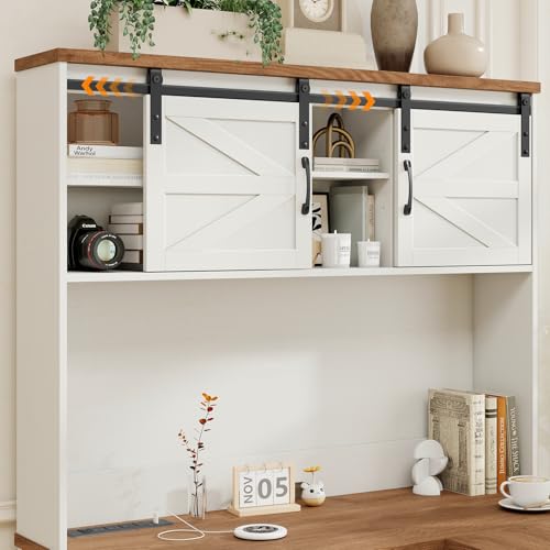 Vabches Farmhouse 68" H L Shaped Desk with Hutch,Office Table with 3 Drawers and Sliding Doors, Executive Desk with File Drawers and Charging Station, Wood Workstation for Home Office and Study Vabches