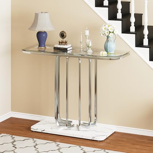 O&K FURNITURE 43" Modern Glass Console Table with Curved Chrome Frame & Faux Marble Base, Silver Narrow Sofa Table for Entryway, Living Room, Hallway, Home Office O&K FURNITURE