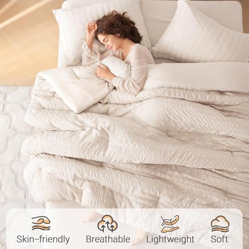 MUXHOMO 7 Pieces Queen Comforter Set, Seersucker Bed in a Bag Queen Size, All Season Luxury Bedding Set with Comforter, Flat Sheet, Fitted Sheet, Pillowcases & Shams, Beige MUXHOMO