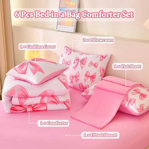 Tasselily 6 Pcs Bed in A Bag Full Comforter Set for Girls,Pink Bow Bedding,Bow Comforter Sets with Sheets for Kids Tasselily