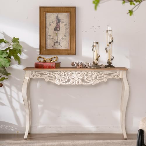 TTK 43.31" French Country Entry Table - Antique White Distressed Vintage Console Table with Wood Carvings, Curved Legs, Narrow Long Design for Hallway, Living Room, Bedroom, Foyer & Small Apartments TTK