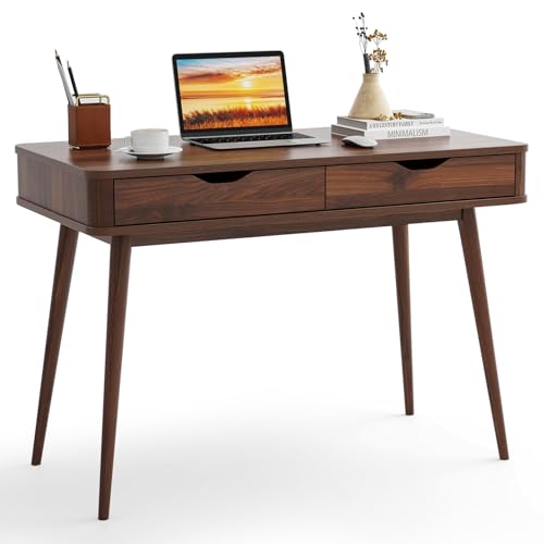 Tangkula Mid Century Desk with 2 Storage Drawers, Modern Writing Study Desk with Rubber Wood Legs, Versatile Home Office Study Desk for Small Space, Vanity Table for Bedroom (Walnut) - WoodArtSupply