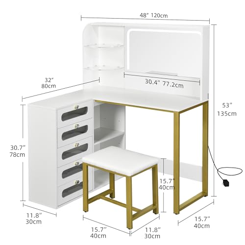 DWVO Corner Makeup Vanity Desk with Lights and Mirror, 48" L Shaped White Vanity Set with Stool, 5 Acrylic Visualized Drawer, Adjustable 3 Lighting Mode, Bedroom Large Dressing Table for Wome - WoodArtSupply