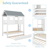 Merax Twin Over Twin Bunk Bed with Trundle,Roof and Windows,House-Shaped Wood Bunk Bed for with Built-in Ladder and Guardrail for Girls,Boys,White+Grey Merax