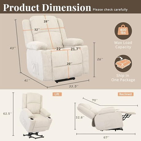 IKAKOS Heavy Duty Power Lift Recliner Chair for Elderly, 400lbs Capacity Massage and Heat Recliner, Soft Corduroy 160° Reclining Electric Stand Up Chair, USB & Type-C, Memory Foam, Cup Holders IKAKOS