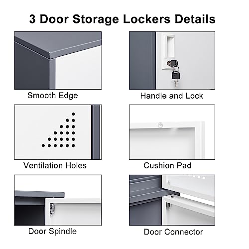 iCHENGGD 3 Door Metal Locker Steel Storage Cabinet, Office Storage Lockers for Employees, Vertical Metal Cabinets for Home,Office,School,Room Storage Organizer iCHENGGD