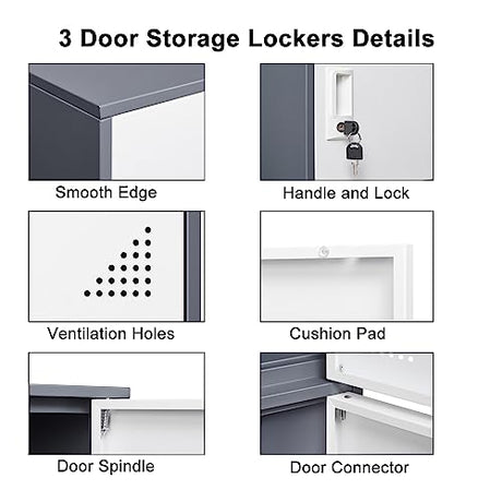 iCHENGGD 3 Door Metal Locker Steel Storage Cabinet, Office Storage Lockers for Employees, Vertical Metal Cabinets for Home,Office,School,Room Storage Organizer iCHENGGD