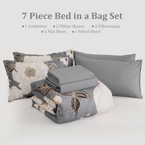 Luxudecor Floral King Comforter Set 7 Pieces Bed in a Bag, White Flower Print on Grey Bedding Set, Soft Reversible Comforter with Sheet Set 104"x90" Luxudecor