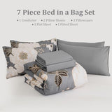 Luxudecor Floral King Comforter Set 7 Pieces Bed in a Bag, White Flower Print on Grey Bedding Set, Soft Reversible Comforter with Sheet Set 104"x90" Luxudecor