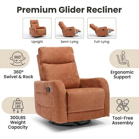 MAKOSAR 360° Swivel Glider Rocker Recliner Chair, Manual Reclining Sofa Chair with Side Pull Handle,Fabric Upholstered Lounge Chair for Living Room, Bedroom,Nursery,Office (Orange-Red-Swivel) MAKOSAR