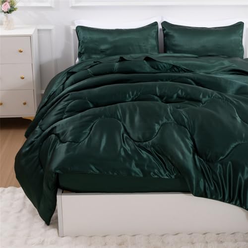 A Nice Night Satin Silky Soft Quilt Sexy Luxury Super Soft Microfiber Bedding Comforter Set Full/Queen, Light Weighted (Blackish Green, Queen) A Nice Night