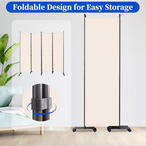 Room Divider 6FT Room Partition with Lockable Wheels, (Thicked Metal Base) Room Dividers, Freestanding Indoor Folding Privacy Screens, Portable Fabric Wall Divider for (Beige, 88"- 4 Panel) JVVMNJLK