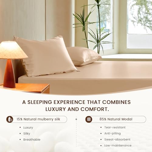 THXSILK Luxury Mulberry Silk Fitted Sheet Set 3 Pcs, King Silk Bed Sheet Set with 16" Deep Pockets, Soft & Cooling Sheets, 1 Fitted Sheet, 2 Pillowcases with Zipper Closure - Champagne THXSILK