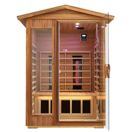 KUNSANA Outdoor Sauna 2 Person, Ceramic Infrared Saunas for Home, Ultra Low EMF Infrared Sauna, Mahogany Wood Home Sauna Room with Bluetooth Speakers, LED Reading Lamps, Chromotherapy Lights KUNSANA