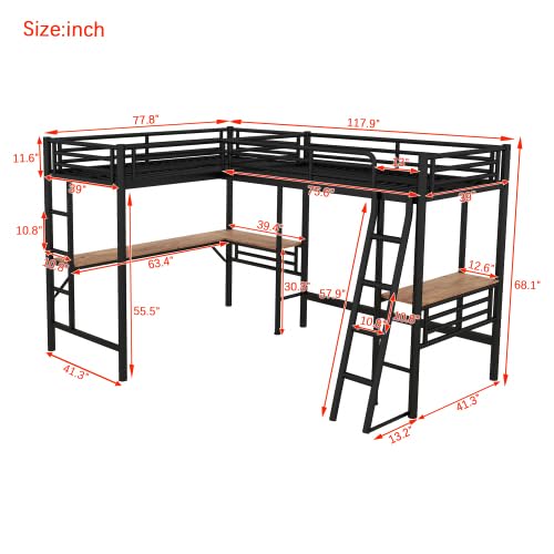 Harper & Bright Designs Twin Size Metal Loft Bed with Two Built-in Desks, L-Shaped Loft Bed with Two Ladders for Kids Teens, Black Harper & Bright Designs