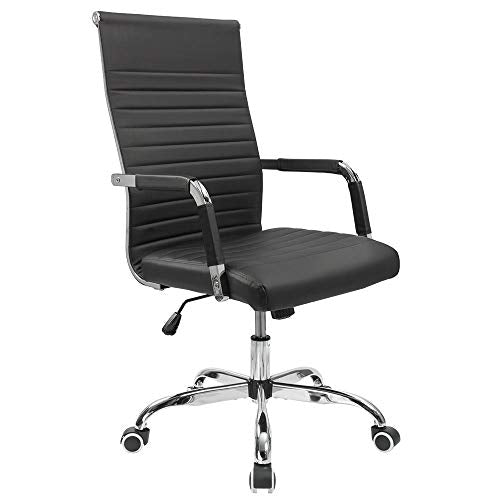 Furmax Ribbed Office Desk Chair Mid-Back PU Leather Executive Conference Task Chair Adjustable Swivel Chair with Arms (Black) Furmax