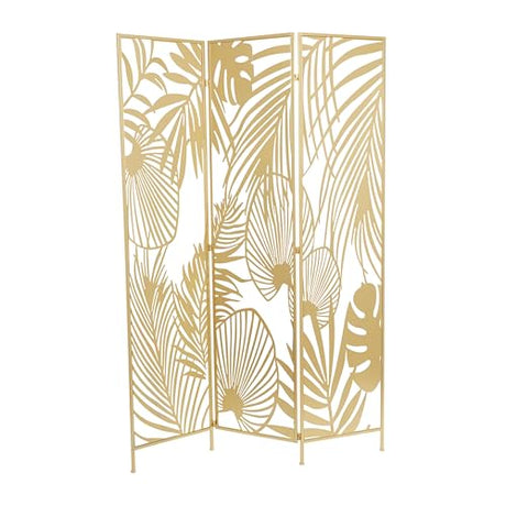 Deco 79 Metal Partition Screen - Foldable Room Divider with Palm Leaf Cutout, 3 Panel Privacy Screen, 48" x 1" x 71", Gold Deco 79