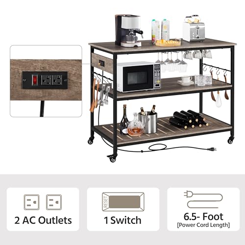 Yaheetech Kitchen Cart with Power Outlet, Rolling Kitchen Island on Wheels with Glass Holder & Hooks, Utility Trolley Cart Coffee Bar Microwave Stand Cart with Lockable Casters, Taupe Wood - WoodArtSupply