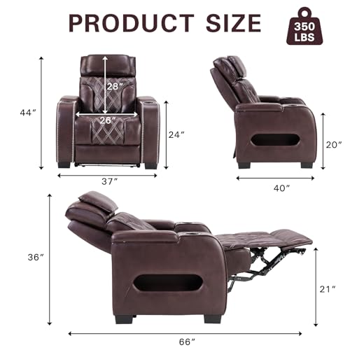 CANMOV Electric Power Recliner Chair, PU Leather Home Theater Seating with Power Headrest, Electric Recliner Sofa Chair with Ambient Lighting,Cup Holders,USB & Type C Ports, Armrest Storage,Brown