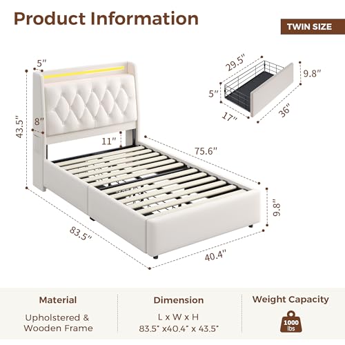 Twin LED Velvet Bed Frame with 2 Storage Drawers&Hidden Headboard, Upholstered Platform Bed with Charging Station&Button Tufted Design, Wooden Slats Support, Box Spring Optional, Easy Assembly, Beige Jocoevol