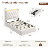 Twin LED Velvet Bed Frame with 2 Storage Drawers&Hidden Headboard, Upholstered Platform Bed with Charging Station&Button Tufted Design, Wooden Slats Support, Box Spring Optional, Easy Assembly, Beige Jocoevol