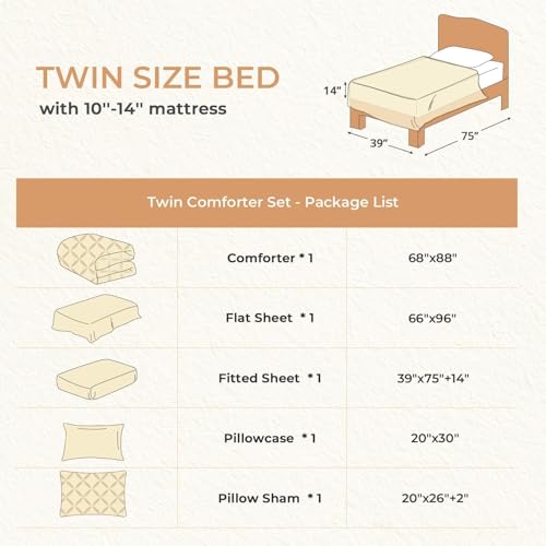 Sasttie Twin Comforter Set, 5-Piece Bed in a Bag, Pintuck Bedding Sets for All Season, Includes Comforter, Flat Sheet, Fitted Sheet, Pillowcase and Pillowsham, Beige Sasttie