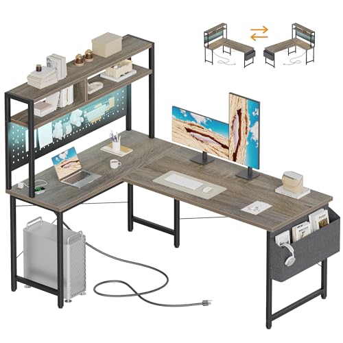 Mericonia 50 inch Large L Shaped Desk with Pegboard Hutch & Shelves, Corner Gaming Desk with Power Outlet, LED Light & Storage Bag, Reversible Computer Desk for Home, Bedroom, Office Workspace, Grey Mericonia